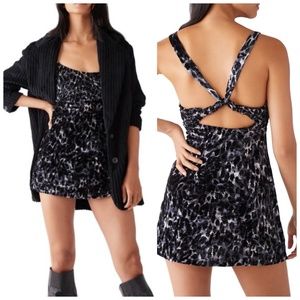 Free People Velvet Mini Dress Virgo Moon Cutout Silver Leopard Smocked NWT Small